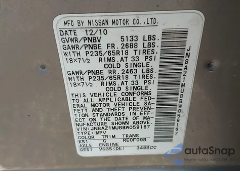 2011 Nissan Murano Sl z USA, uszkodzony, nr VIN JN8AZ1MU8BW059167